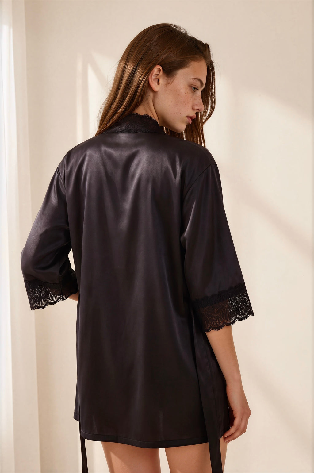 Muse Exclusive Siyah Dantelli Saten Sabahlık