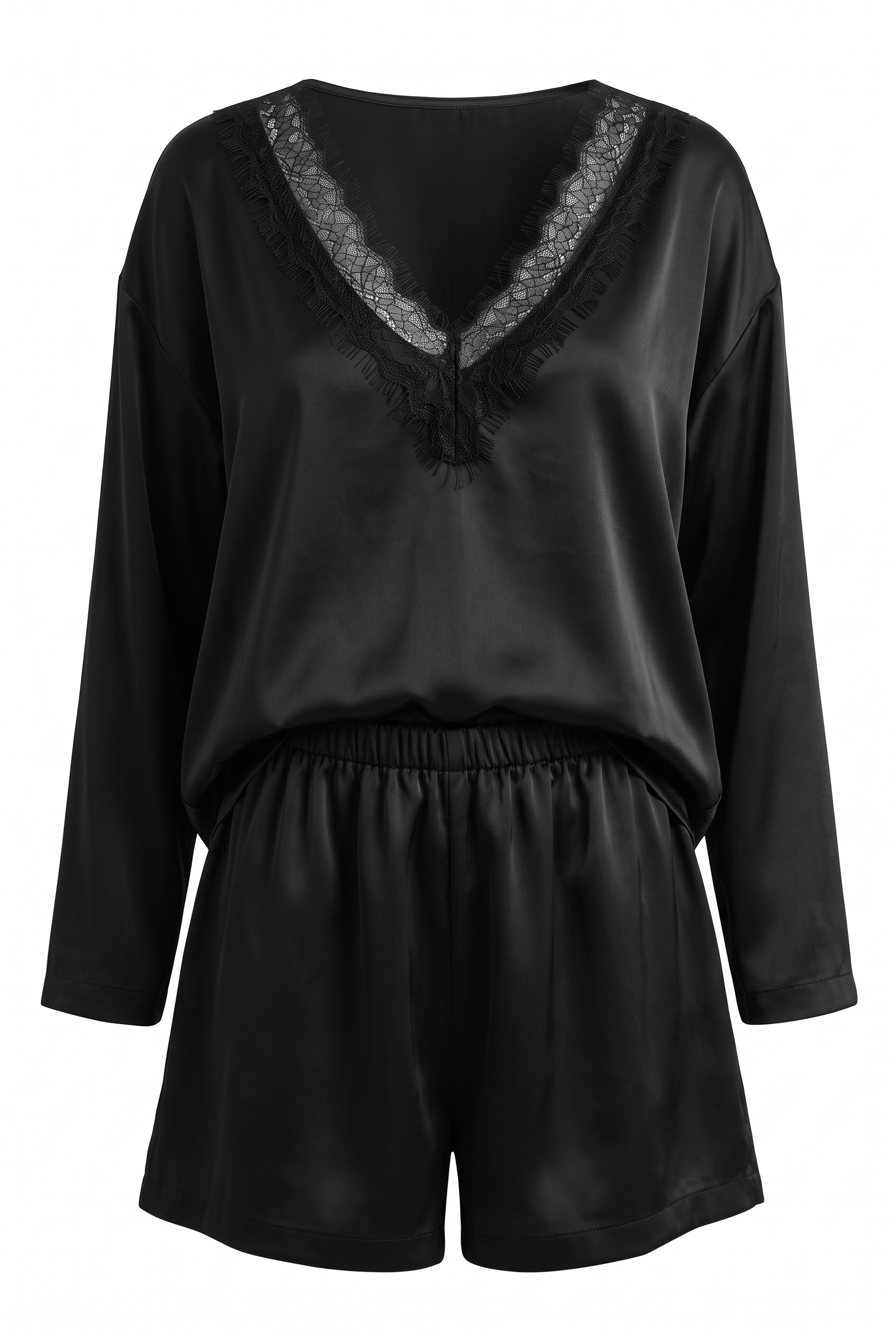 Amber Luxury Siyah Dantelli Saten Pijama Takımı