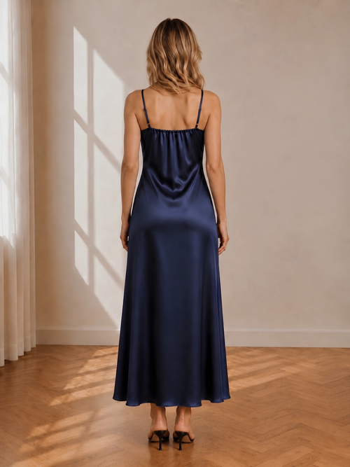 Fedis Signature Gece Mavisi Saten Dantelli Gecelik