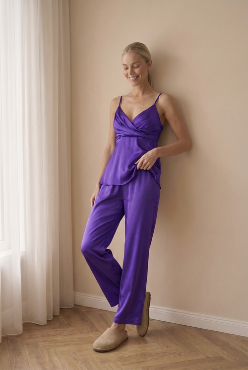 Gaia mor saten kadın pijama takımı önden görünüm