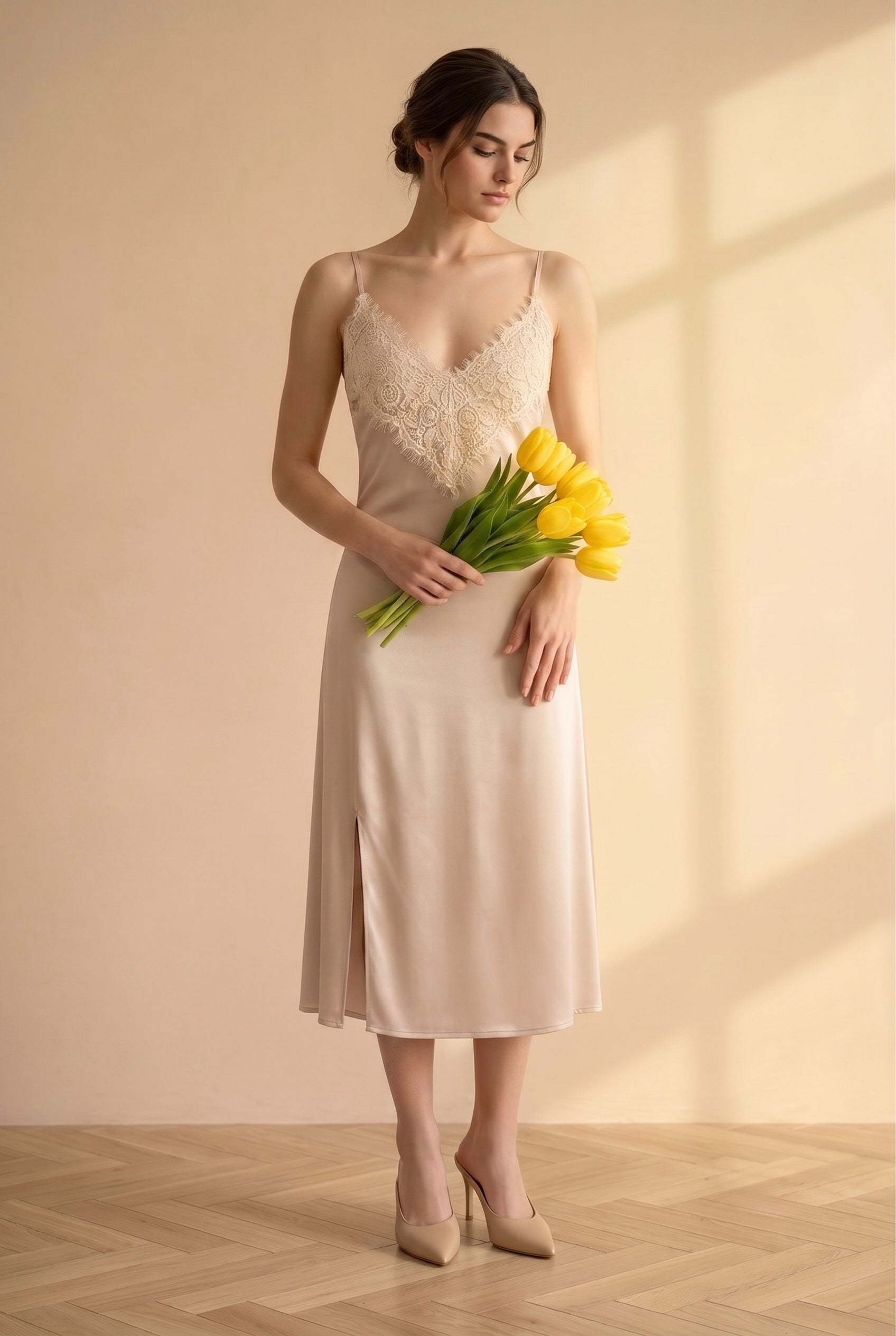 Nacre Exclusive Bej Dantelli Saten Gecelik