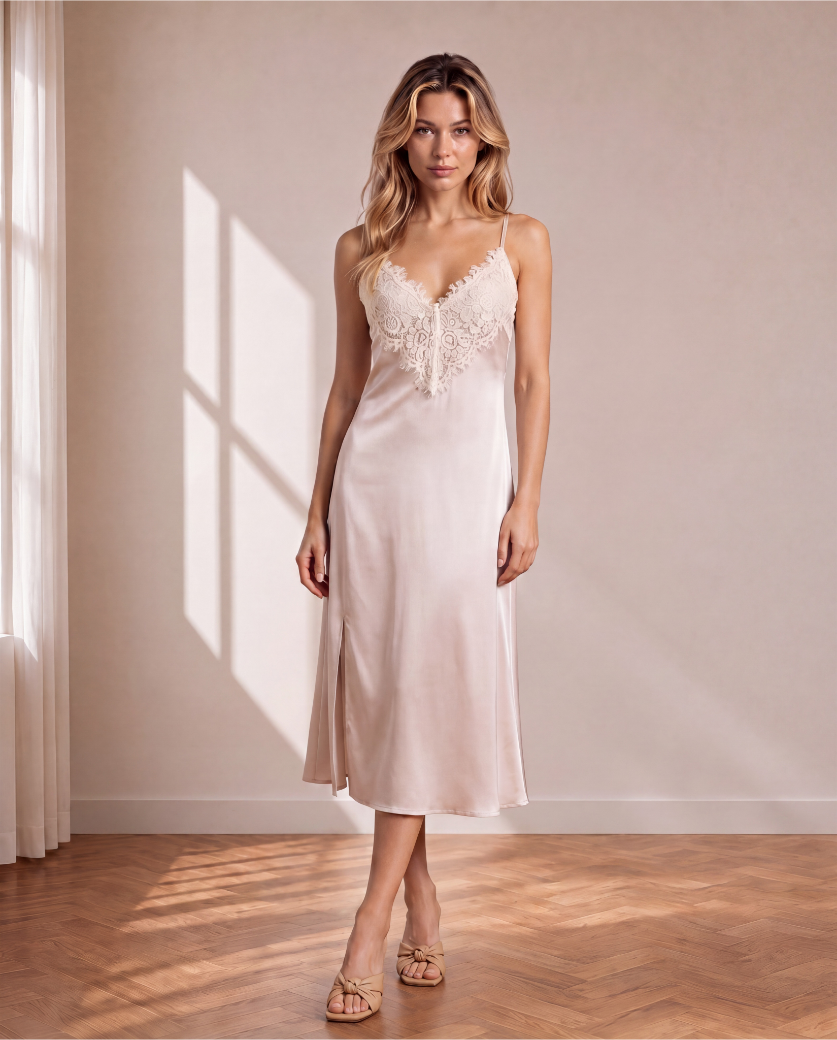 Nacre Exclusive Bej Dantelli Saten Gecelik